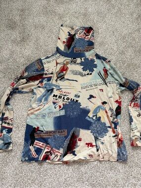 Vintage Ski Print Turtleneck Long Sleeve Top - Multicolor